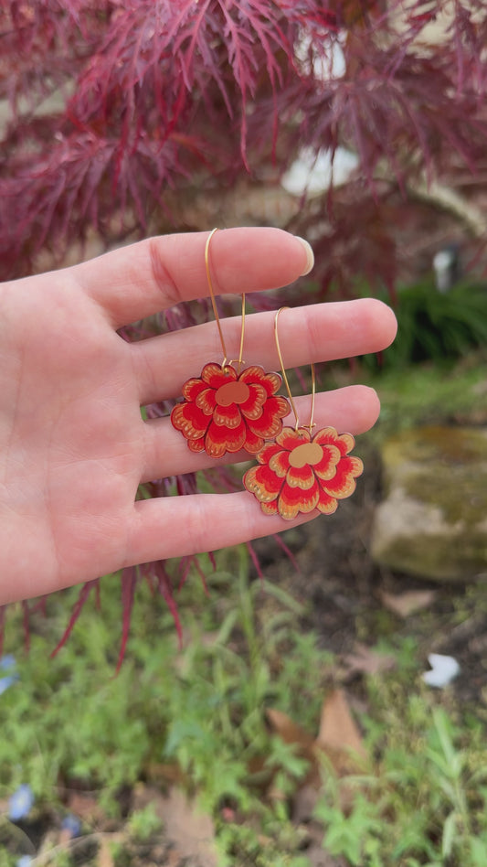 Red Floral Vintage Tin Long Drop Earrings